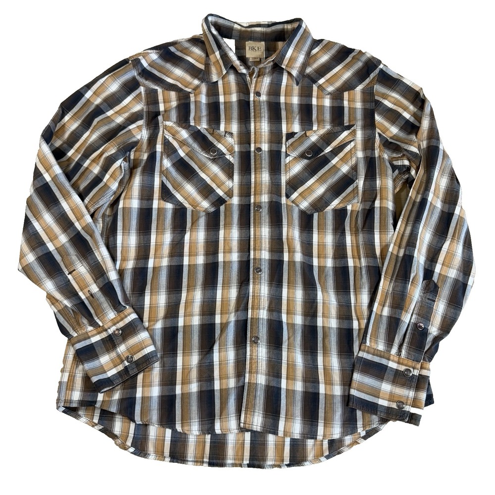BKE Contour Mens M Pearl Snap Plaid Long Sleeve Shirt Western